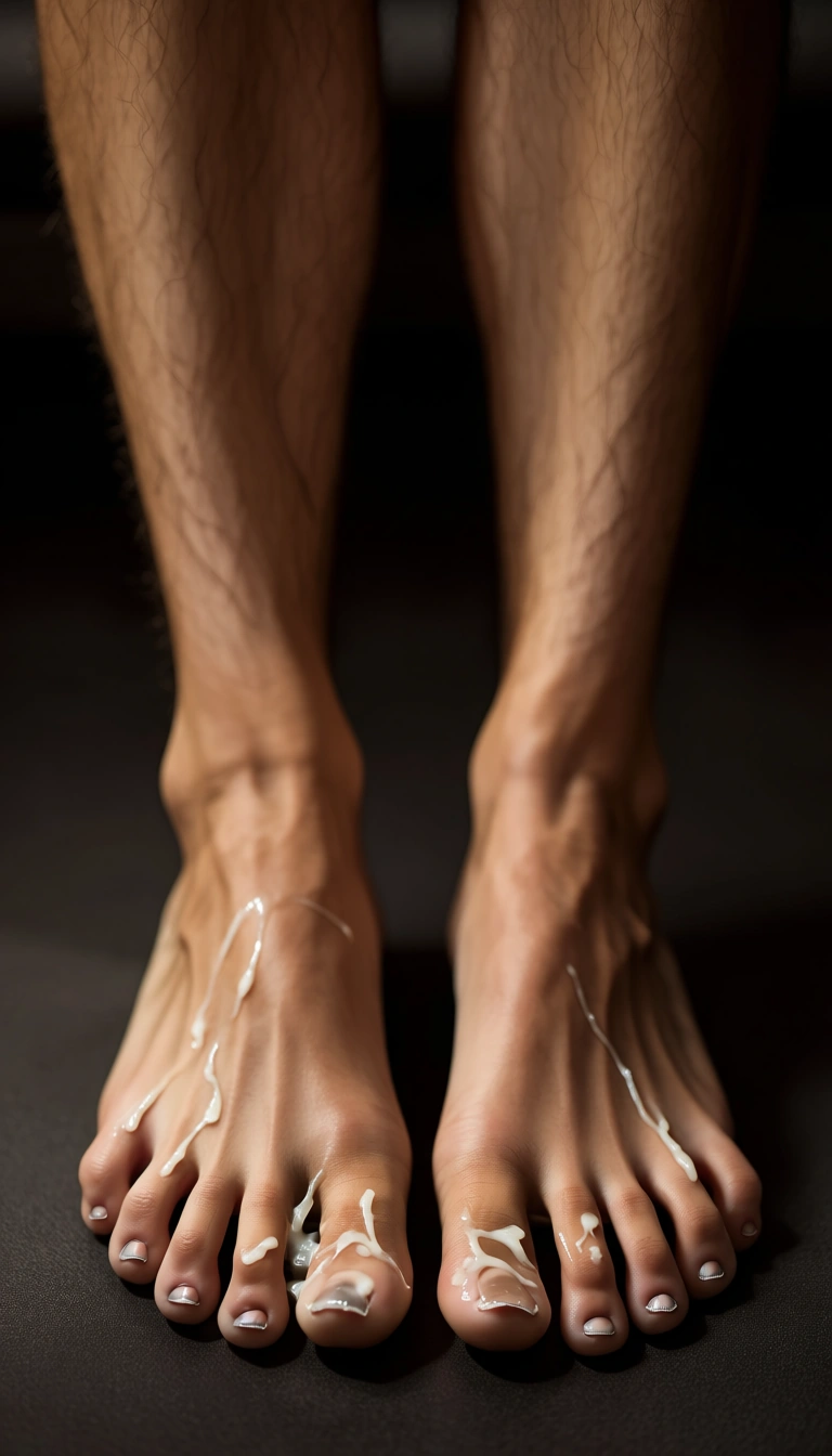 best quality, hyper realistic, hairy legs, hairy toes, dirty toenails, cum on toes.