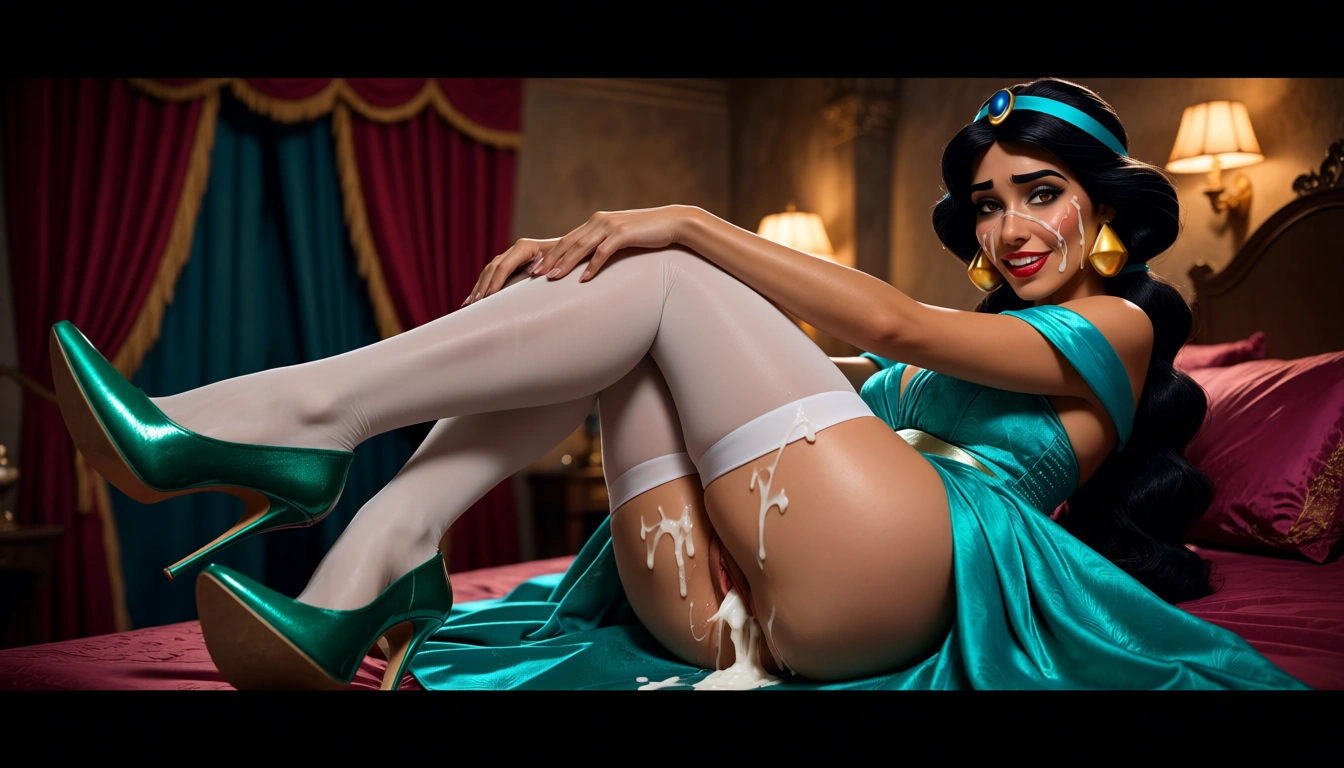 Reiq style, jack cayless style, melkor mancin style, 18 year old disney princess jasmin from aladdin, gangbang, double_penetration, view from_side, green oriental glamorous gown, bright white stockings, green luxury stiletto high heels, expose her tits, lots of white cum on her thighs, white cum on her legs, white cum dripping out of her pussy, white cum on her face, full body view, castle bedroom, perfect cute face, perfect makeup, score_9, score_8, cinematic film still, anamorphic, film grain, dramatic lighting, shallow depth of field, score_9, score_8, candid photo, realistic skin texture, visible skin pores, film grain, depth of field