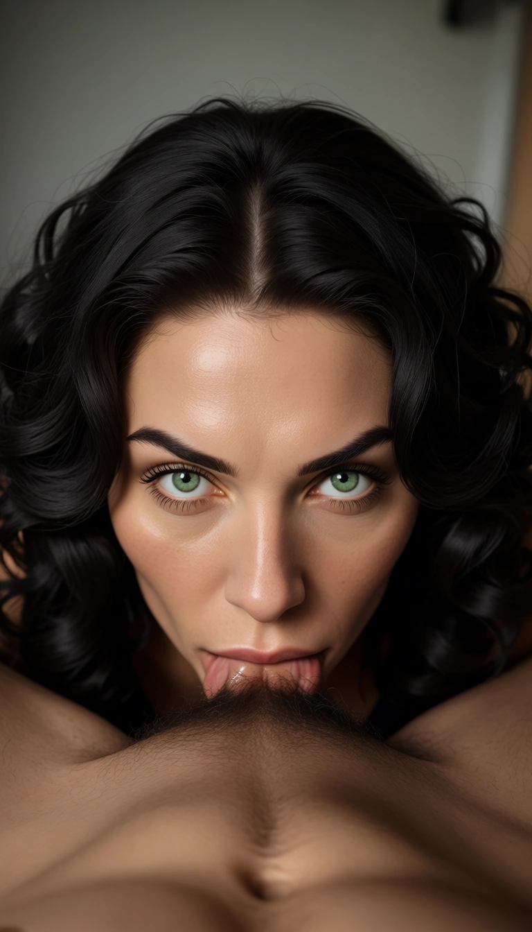 sporty beautiful woman,(long black hair curly hair, green eyes, white), deepthrouating a mans dick, eyes looking up at viewer, pov, detailed face, soft lighting