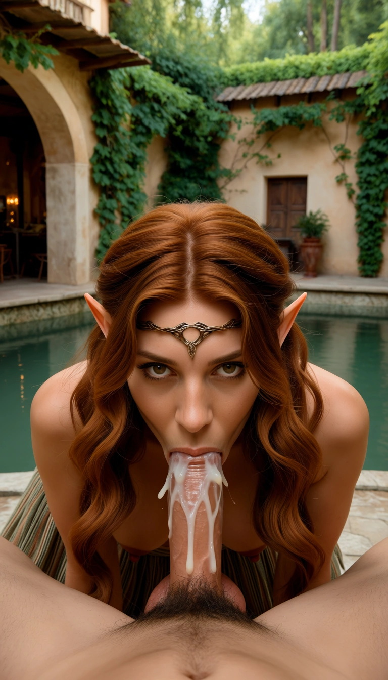 The image is an candid photography of european woman with Ash Brown Pure Silk hair. She is wearing Tweed skirt.
19 year old elven goddess with circlet pointy ears and long, wavy auburn hair and medium breasts looking at viewer while she performs fellatio on a mans penis while positioned on all fours, deepthroat, her lips are wrapped around the very bottom of his penis near his testicles as she shows off how far she can stick it down her throat, loose flowing tresses, nipples, hetero, nude, solo focus, pubic hair, completely nude, pov, male pov, male pubic hair, realistic, raw photo, 8k, shallow pond with dappled light in a forest, excessive amount of cum on his penis
The scene is captured in a in a Mediterranean courtyard café, where vine-covered walls add rustic charm location with detailed background details in the environment. The award-winning photo is a close-up (film grain:1.2) photo shot with a Sony a7 III Mirrorless Camera. The photograph is highly detailed.