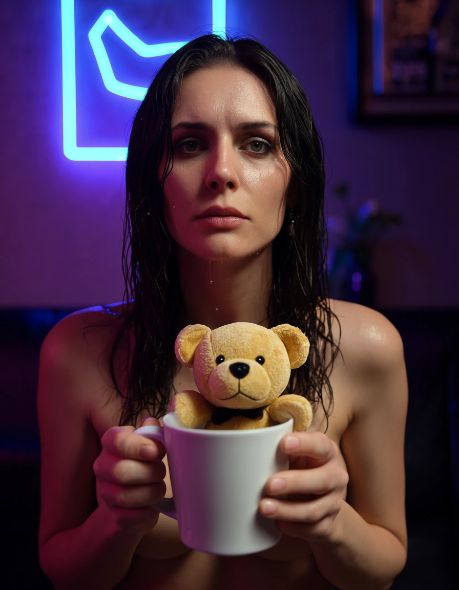 Artistic realistic woman in open cup wet look teddy bound in front of a neon wall, score_9, score_8, candid photo, realistic skin texture, visible skin pores, film grain, depth of field
