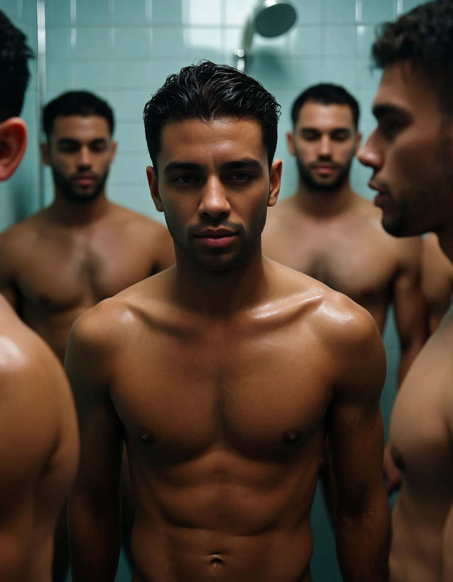 group of gay naked men in shower, score_9, score_8, candid photo, realistic skin texture, visible skin pores, film grain, depth of field