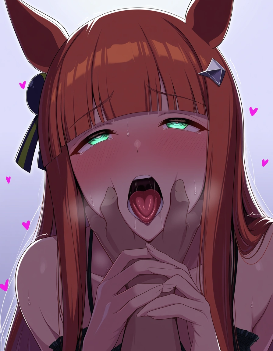 /highres lineart /masterpiece /sharp_focus silence_suzuka_(umamusume) otoko_no_ko cosplay anal_sex on_side rolling_eyes open_mouth hands_on_waist, hentai_studio_quality
