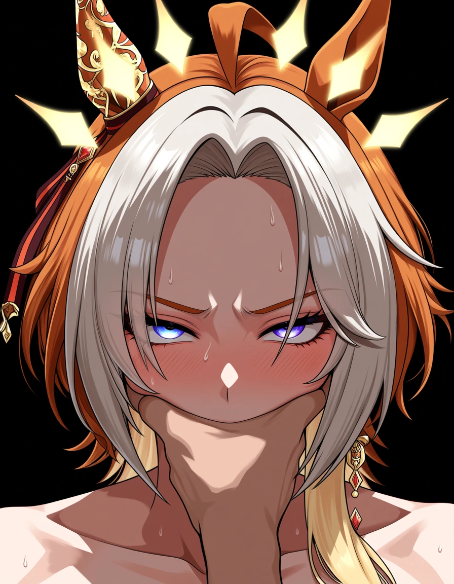 /highres lineart /masterpiece /sharp_focus orfevre_(umamusume) cunnilingus covering_own_mouth rolling_eyes, hentai_studio_quality