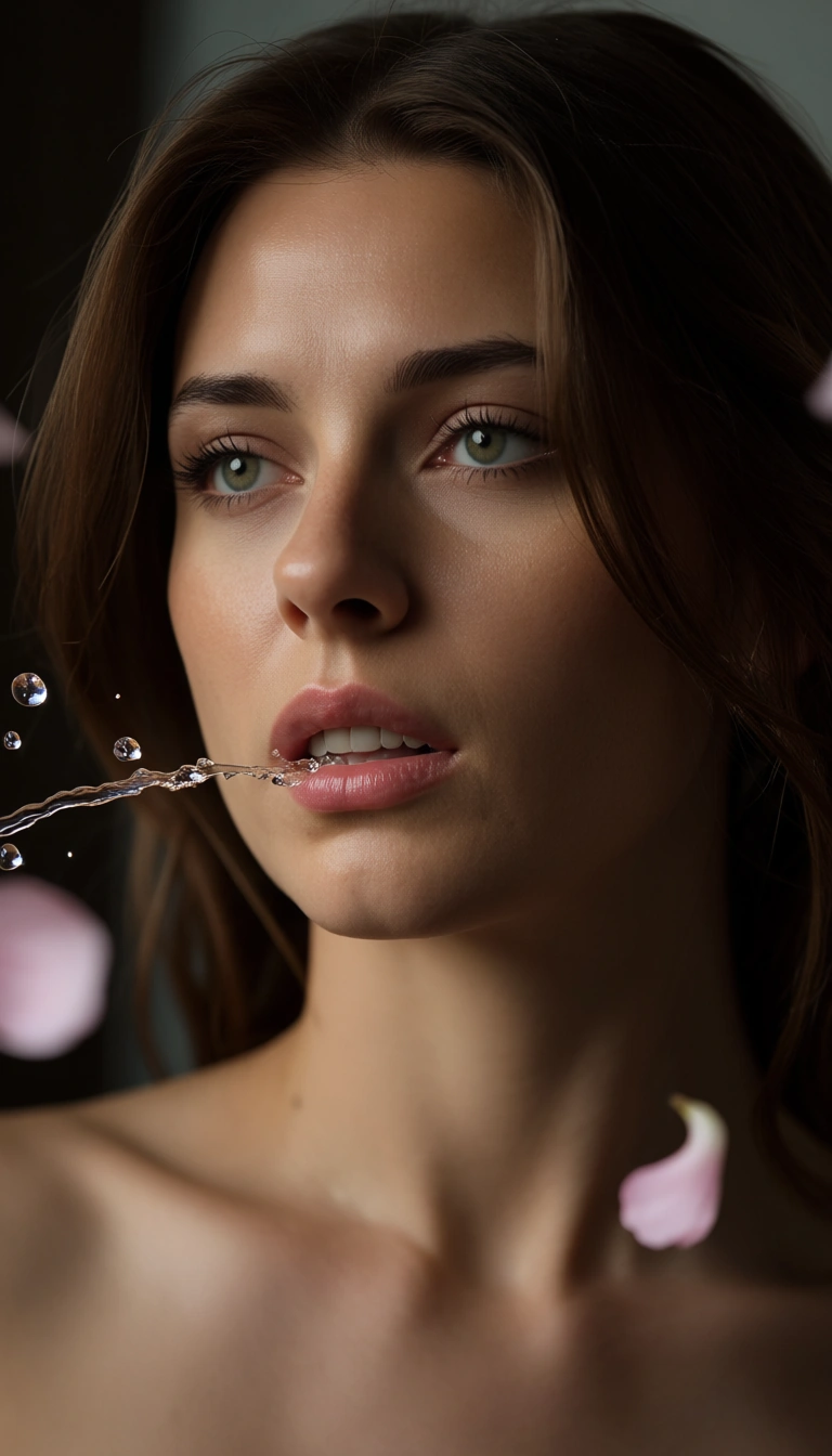 ultra HD, lifelike, portrait, 1other, squirting, petite adult woman, petals, RAW photo