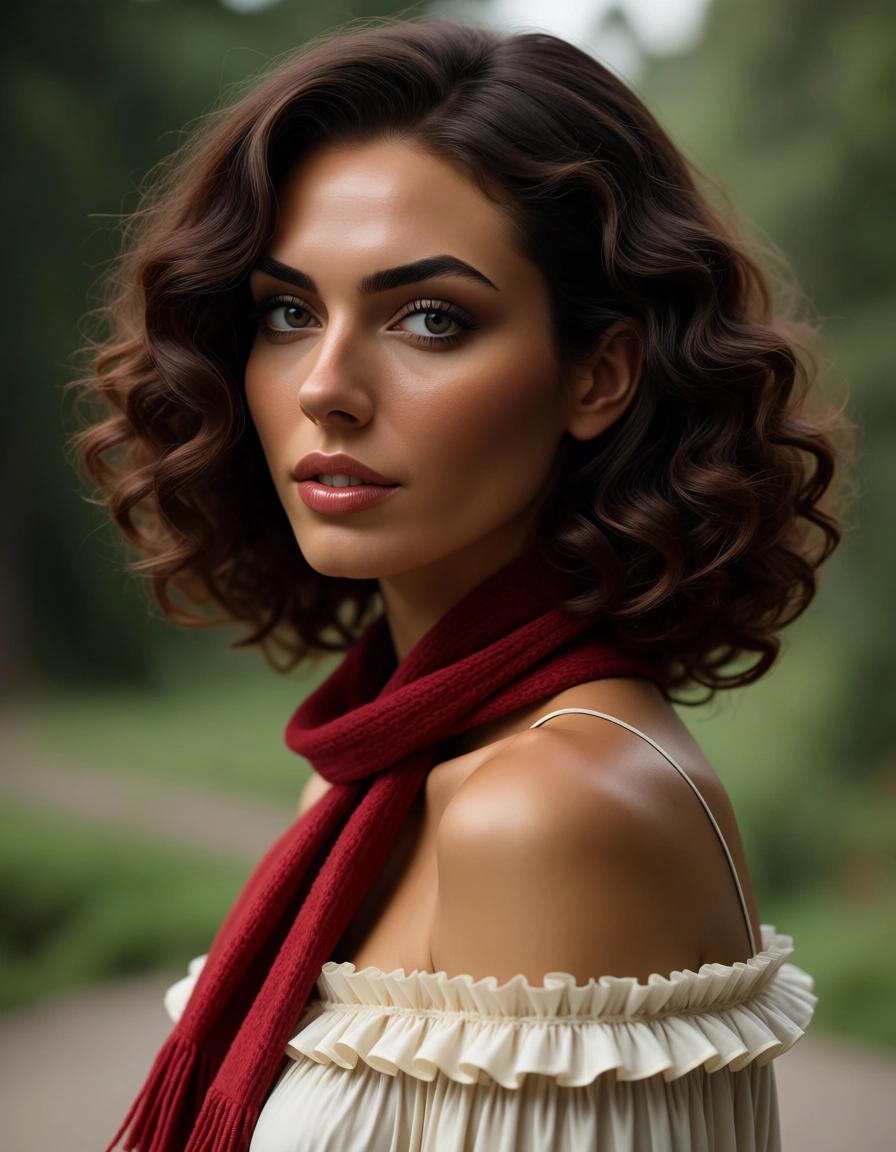 studio quality, sharp focus, dark brown curly haired woman,34years old, scarf, frills, creampie, over the shoulder, lifelike render, score_9, score_8, candid photo, realistic skin texture, visible skin pores, film grain, depth of field