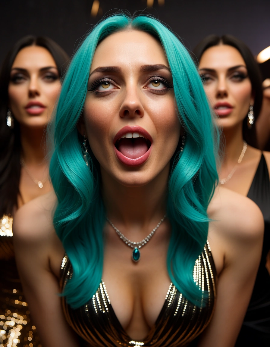 dslr, film grain, photorealistic, 5girls, aqua hair, cocktail dress, ahegao, score_9, score_8, candid photo, realistic skin texture, visible skin pores, film grain, depth of field