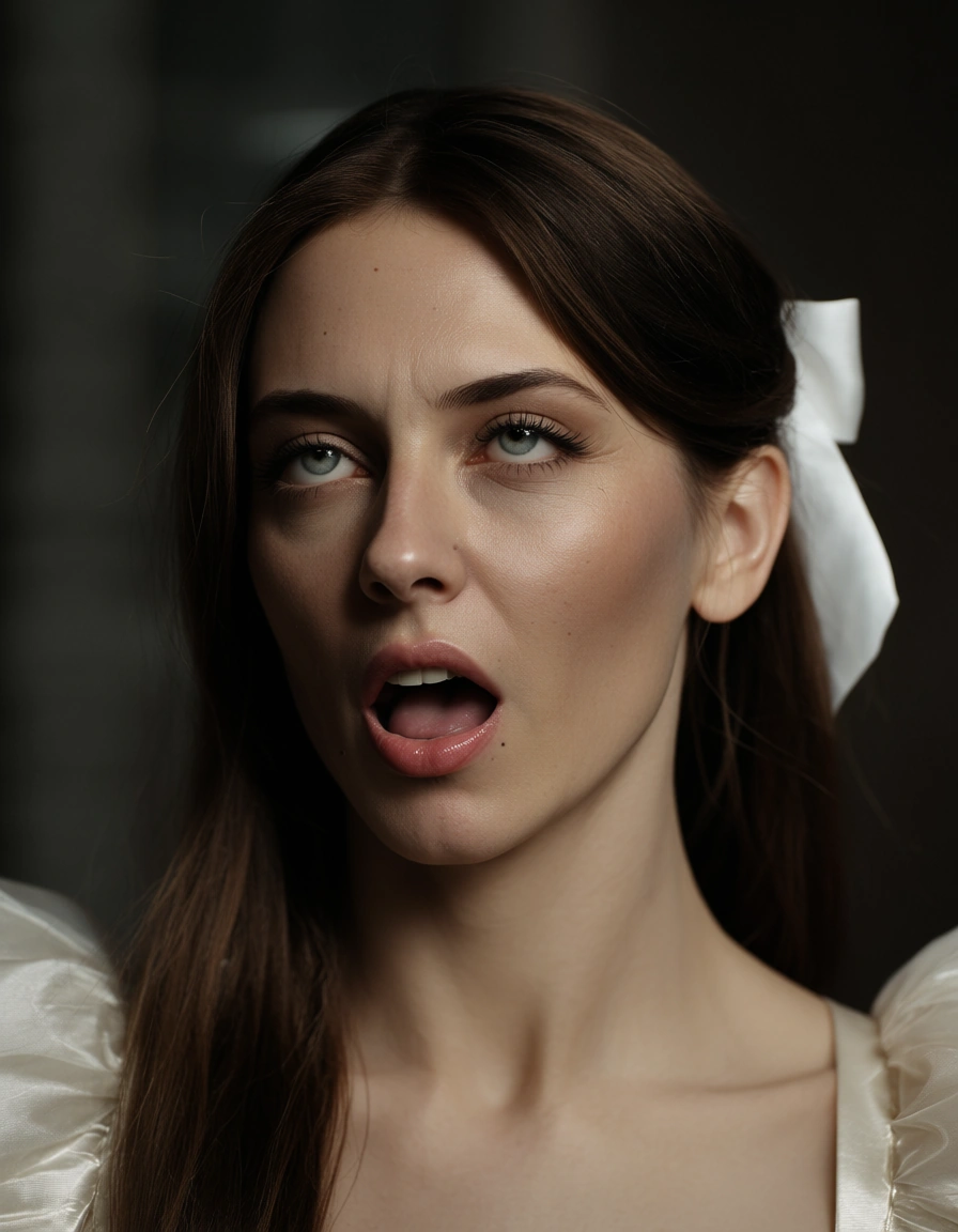 RAW photo, ultra realistic, male focus, hair ribbon, puffy sleeves, ahegao, photorealistic, score_9, score_8, candid photo, realistic skin texture, visible skin pores, film grain, depth of field