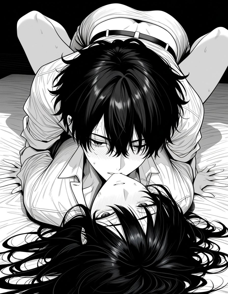 masterpiece, clean art, male focus, collared shirt, missionary, tender moment, full body, manga panel look, ultra detailed shading, sweat, hentai_studio_quality