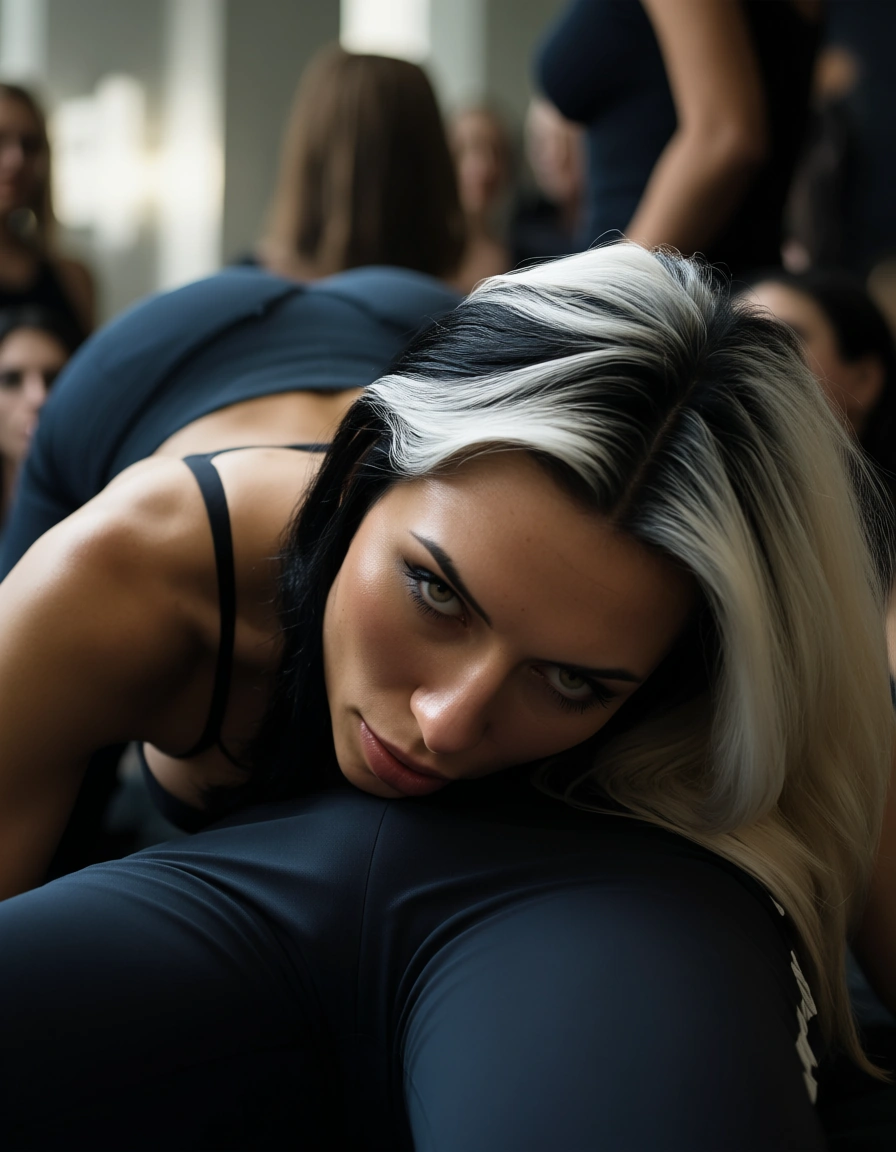highly detailed, natural lighting, 6+women, two-tone hair, pants, 69 position, soft lighting, dslr quality, score_9, score_8, candid photo, realistic skin texture, visible skin pores, film grain, depth of field