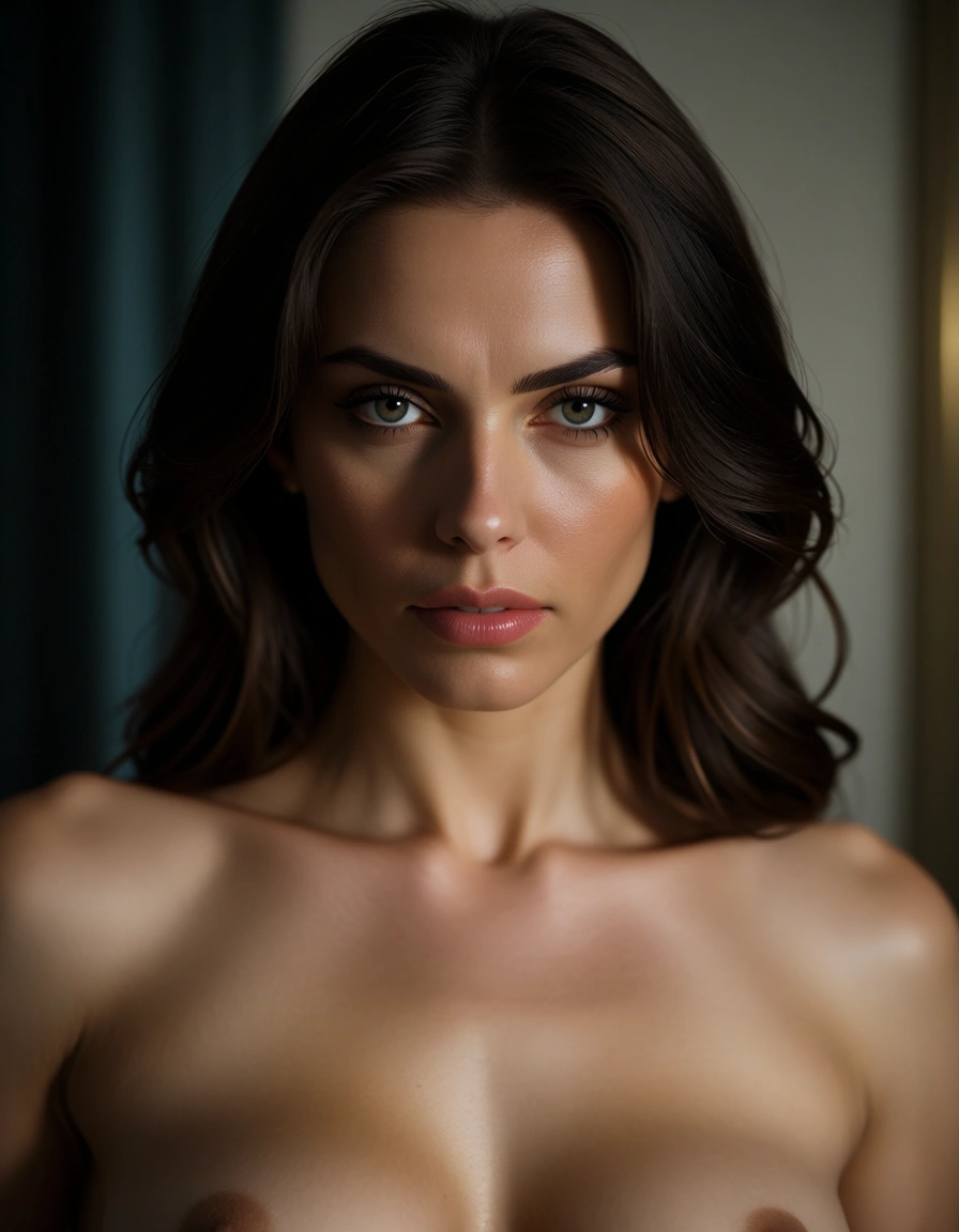 dslr, film grain, photorealistic, portrait, 1woman, fully nude, medium breasts, military, dominant stare, 8k uhd photo, score_9, score_8, candid photo, realistic skin texture, visible skin pores, film grain, depth of field