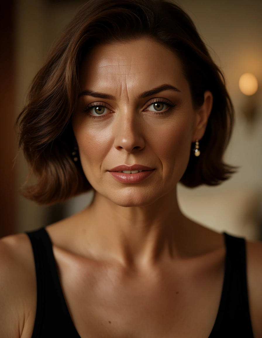 studio quality, sharp focus, mature female, short hair, sleeveless, facesitting, warm tones, 8k uhd photo, score_9, score_8, candid photo, realistic skin texture, visible skin pores, film grain, depth of field