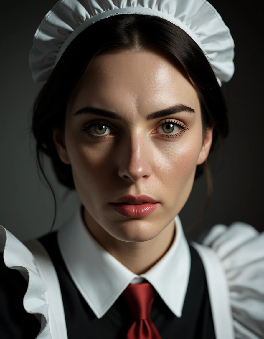 cinematic photo, 8k, maid, lips, necktie, bondage, gradient background, film photography, score_9, score_8, candid photo, realistic skin texture, visible skin pores, film grain, depth of field