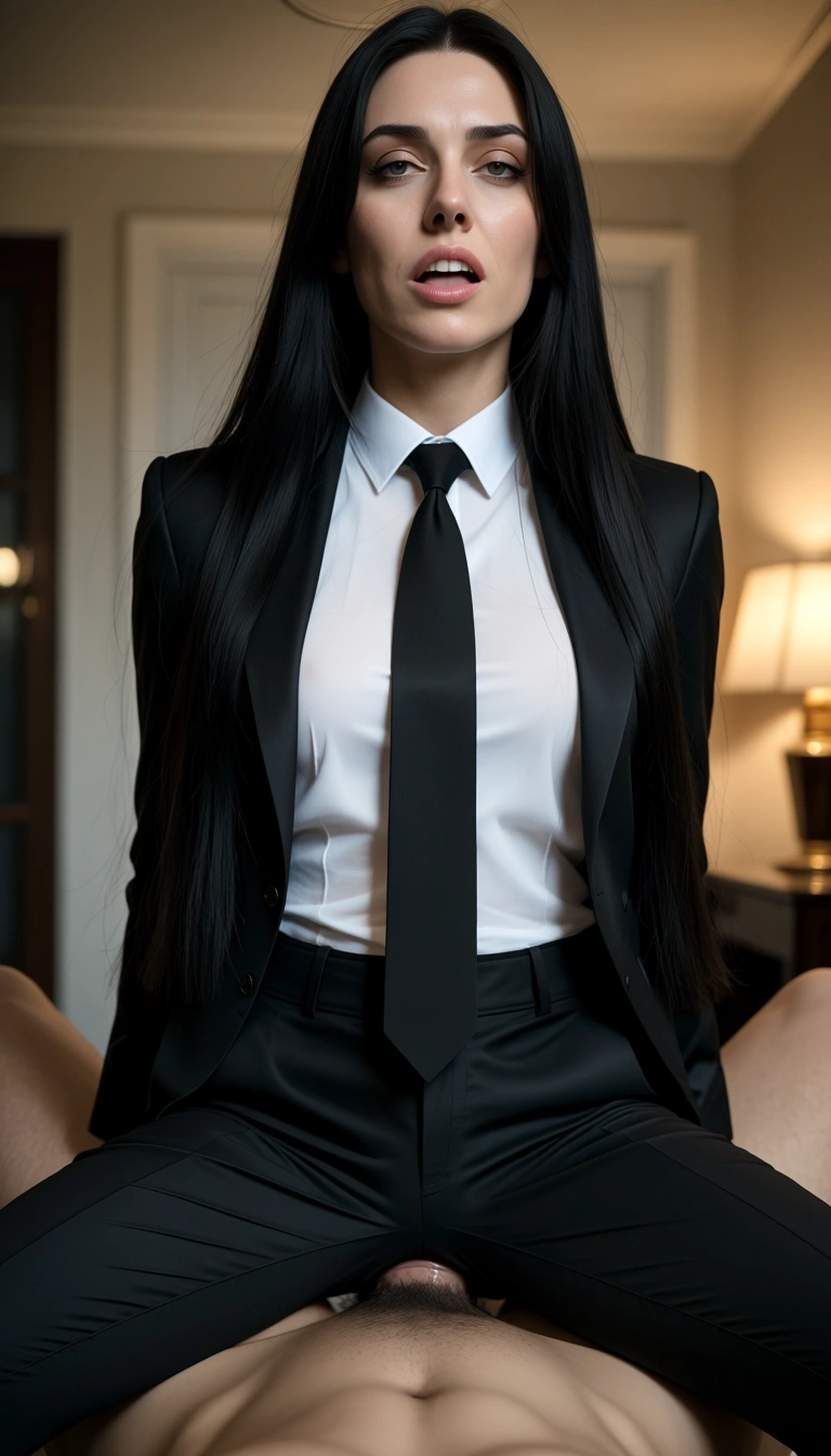 POV: 30 year old European woman with black hair, straight hair, very long hair wearing black trousers, wearing black long tie, wearing white shirt, wearing black buisness jacket is fucking me in cowgirl pose, she is sitting on a big dick