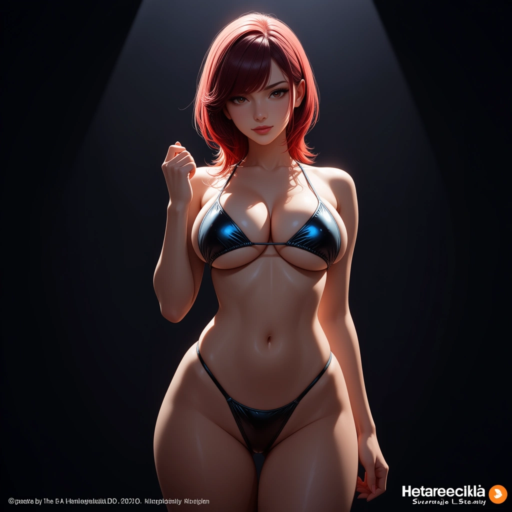 best quality, hyperrealistic, solo female, swept bangs, swimsuit, reverse cowgirl, spotlight, photorealistic