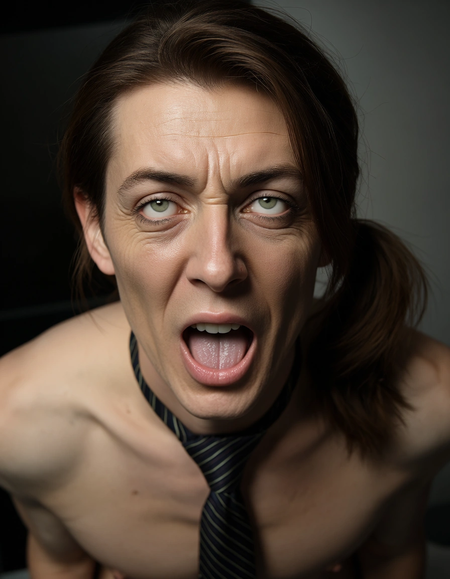 RAW photo, ultra realistic, male focus, side ponytail, necktie, ahegao, lifelike render, score_9, score_8, candid photo, realistic skin texture, visible skin pores, film grain, depth of field