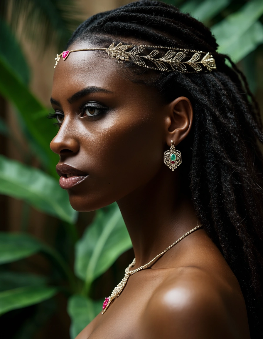 professional photo, high detail, princess, dark skin, heart, bondage, plant, side view, hyperrealistic, score_9, score_8, candid photo, realistic skin texture, visible skin pores, film grain, depth of field