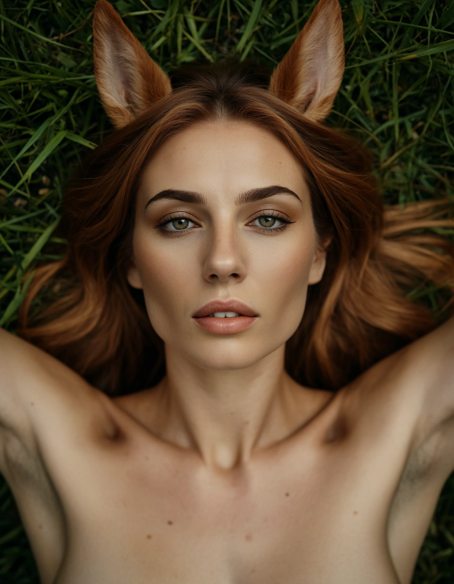 highly detailed, natural lighting, solo female, horse ears, alternate costume, missionary, outdoors, from above, RAW photo, score_9, score_8, candid photo, realistic skin texture, visible skin pores, film grain, depth of field