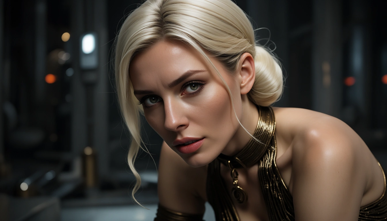 ultra HD, platin blonde hair, female 28 Year, hutt leia slave outfit, realistic skin texture, from_side ,sex from_behind, full_body,, score_9, score_8, candid photo, realistic skin texture, visible skin pores, film grain, depth of field