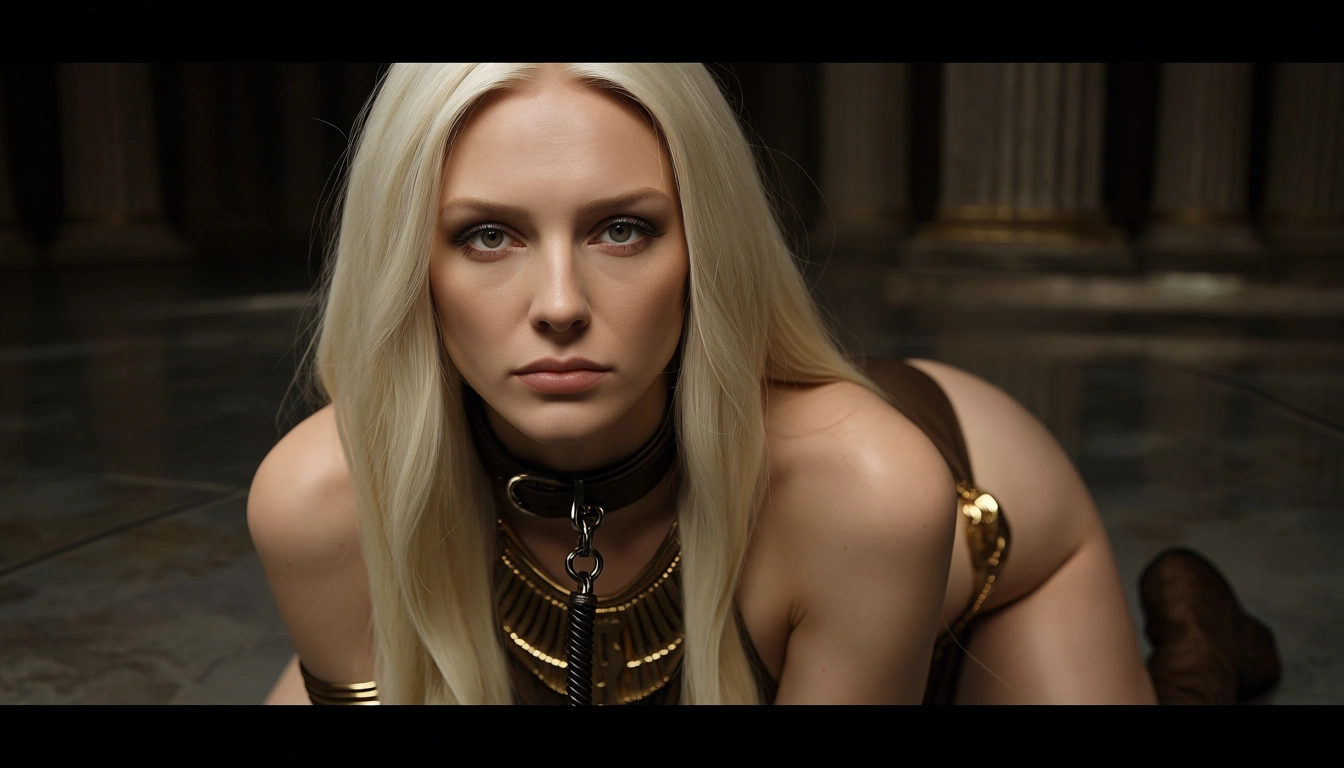 ultra HD, platin blonde long hair ,female 28 Year, hutt leia slave outfit , collar, kneeling , sexually_suggestive , full_body, no_mouth , riding, score_9, score_8, candid photo, realistic skin texture, visible skin pores, film grain, depth of field