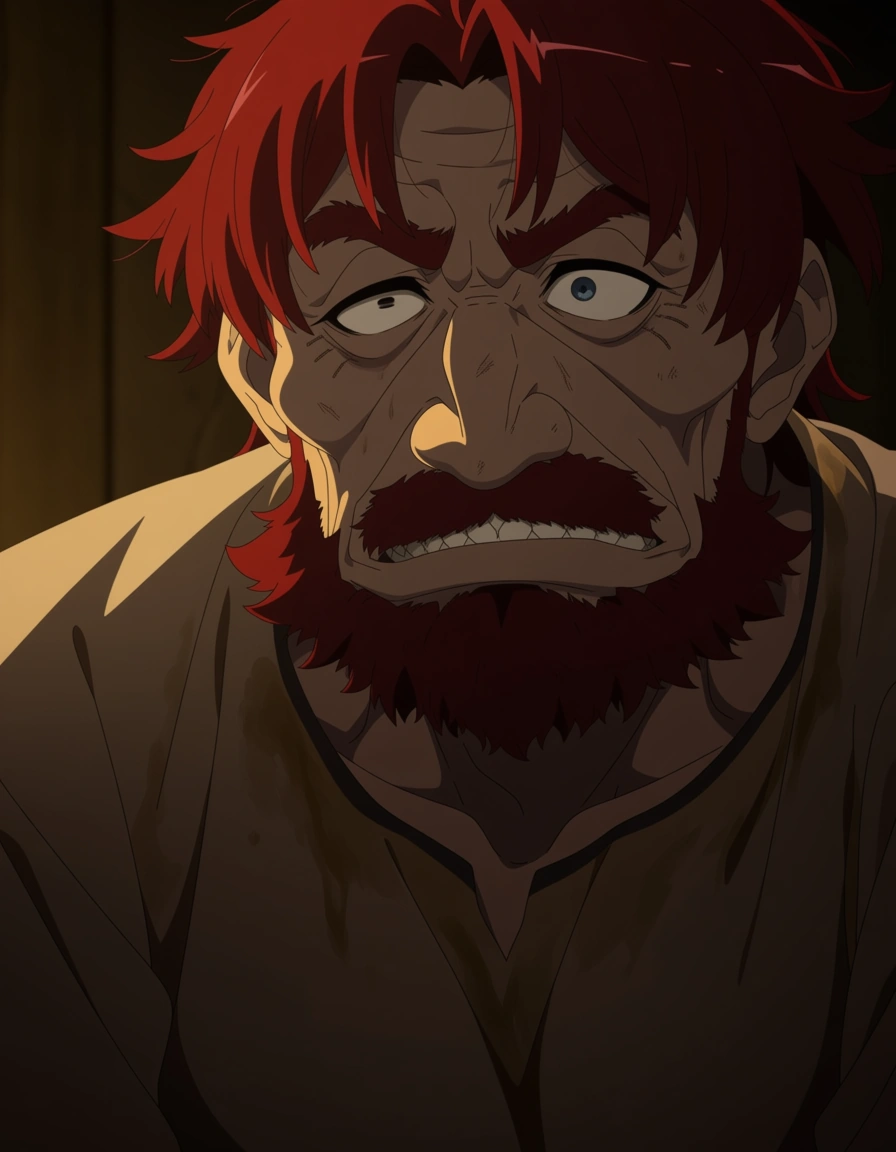 eris boreas greyrat, mushoku tensei, nipples, ugly bastard gaunt man kiss, stained clothes, greasy hair, oily skin, messy unkempt beard, visible dandruff, yellowed shirt, dirty fingernails, wrinkled clothes, unkempt appearance, worn-out clothing, awkward facial proportions, asymmetrical face, uneven small eyes, heavy eyelids, large misshapen nose, crooked mouth, protruding uneven teeth, recessed chin, asymmetrical jaw, sagging cheeks, double chin, thick unkempt eyebrows, greasy messy thinning hair, patchy unshaven beard, acne scars, large visible pores, blemished oily skin, deep dark under-eye circles, yellowed stained shirt, wrinkled worn-out clothes, poor hygiene, sloppy appearance, unflattering facial features,,, (anime style:1.3), 2d, anime screencap, cel shading, flat color