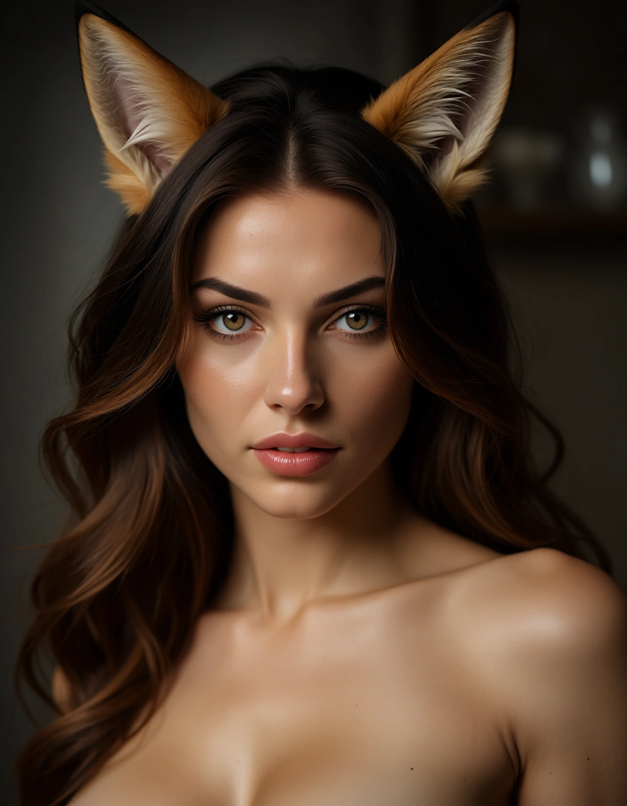 studio quality, sharp focus, 1girl, presenting, animal ears, hyperrealistic, score_9, score_8, candid photo, realistic skin texture, visible skin pores, film grain, depth of field