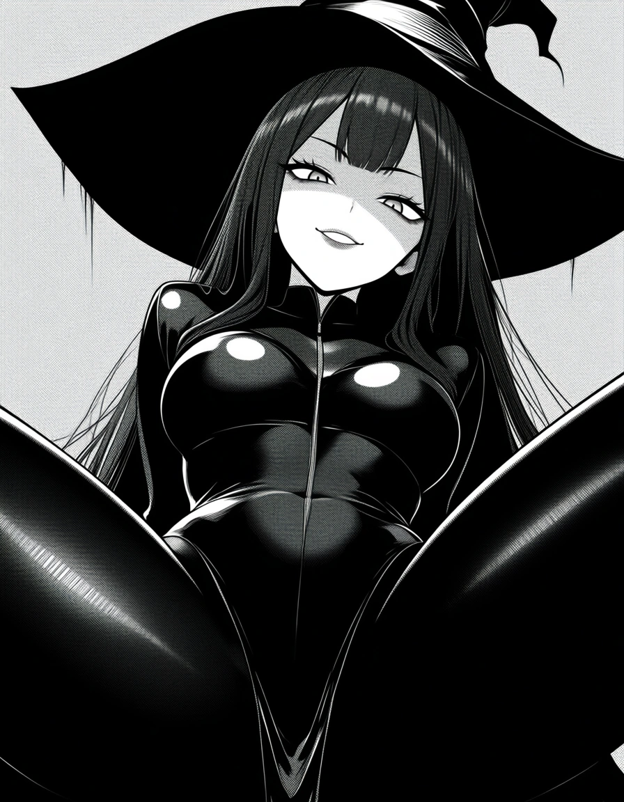 highly detailed, sharp, witch, pantyhose, spread legs, confident gaze, manga panel look, hentai_studio_quality