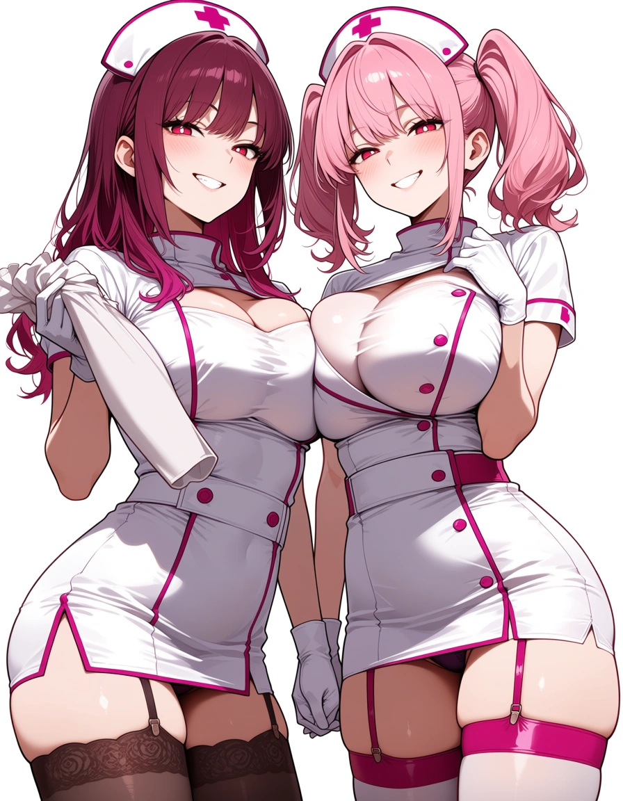 hentai_studio_quality, 2 women, pink hair, wearing sexy nurse outfits, bright smile on their faces