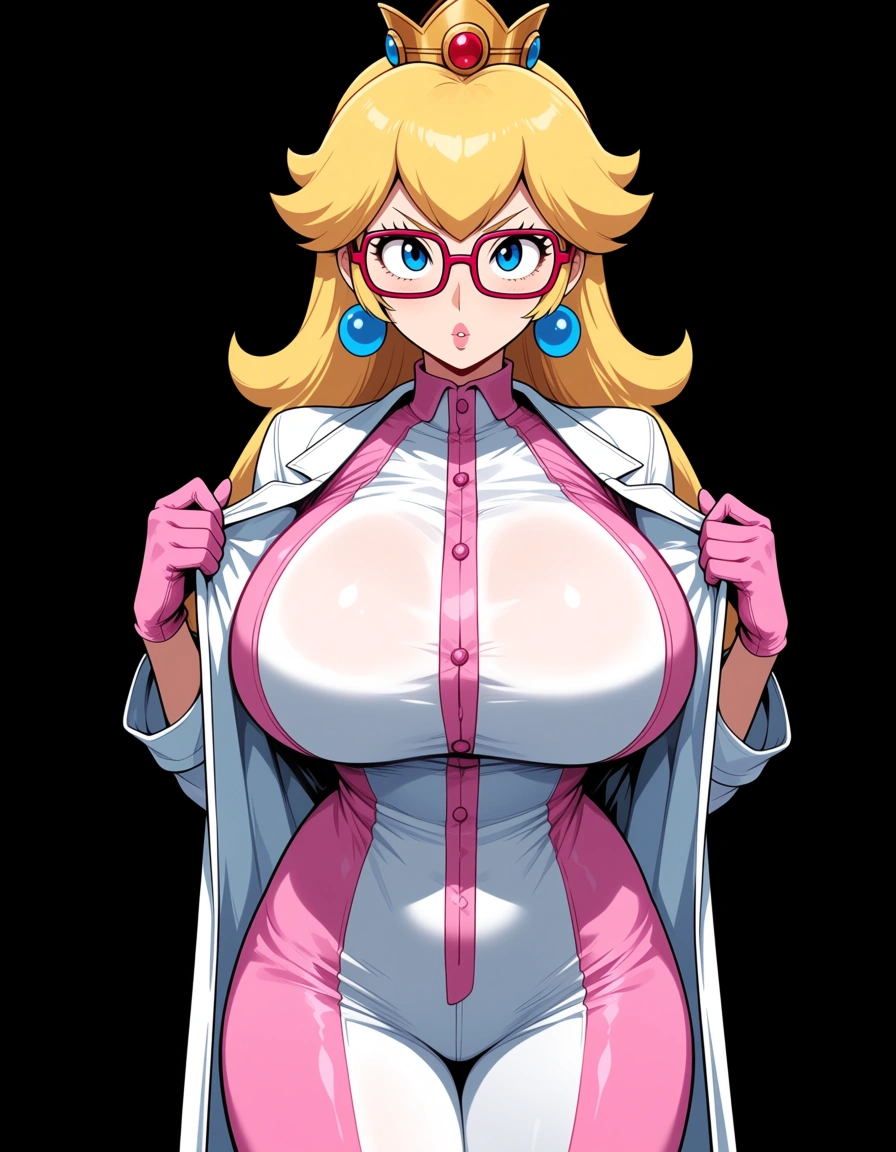 hentai_studio_quality, @princess_peach, sexy scientist outfit, nerdy glasses, huge breasts, black background, front view
