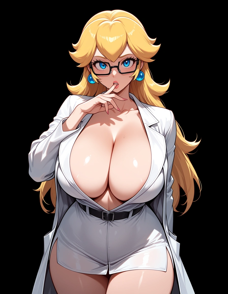 hentai_studio_quality, @princess_peach, sexy scientist outfit, nerdy glasses, huge breasts, black background, front view, biting her finger, half naked
