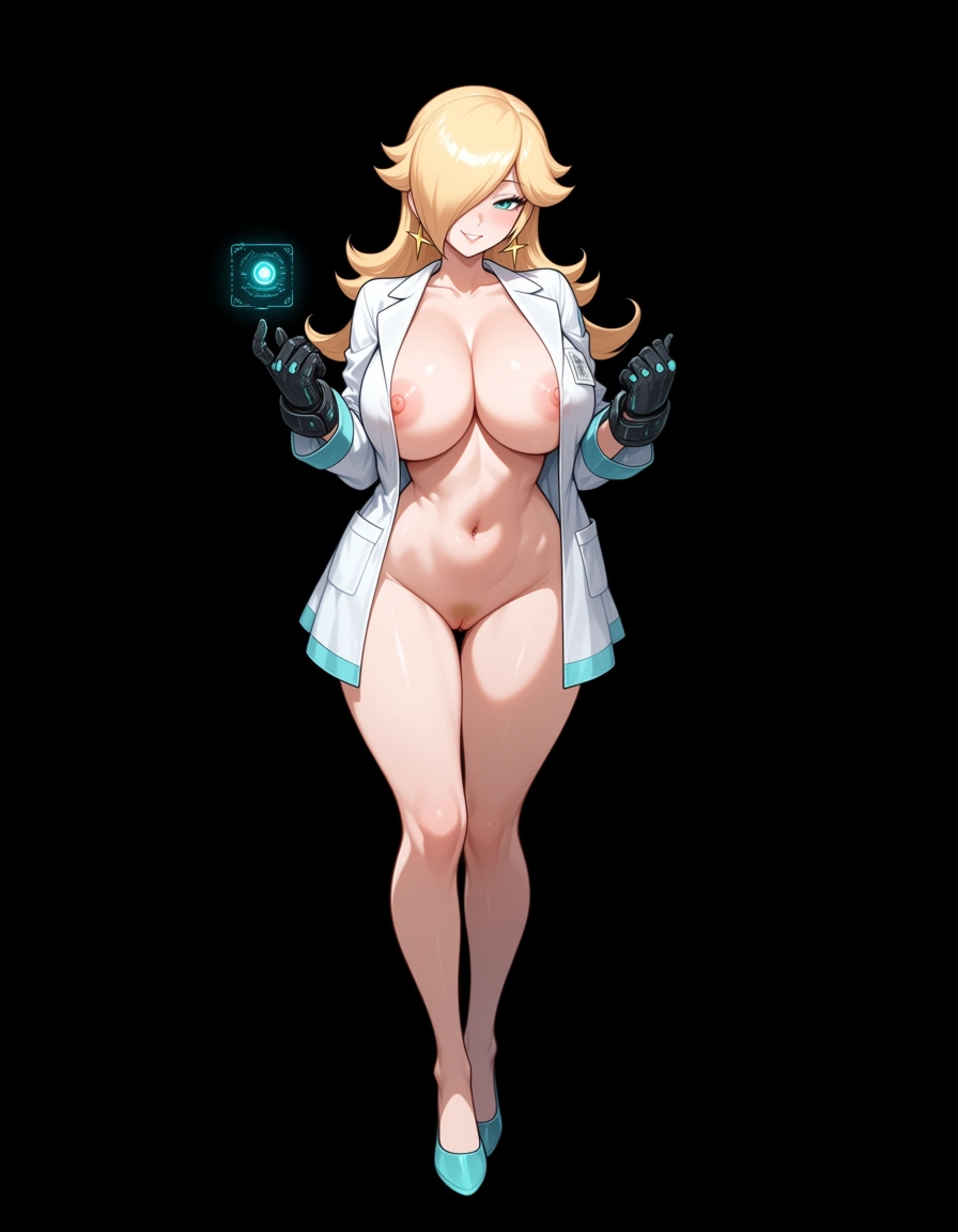 hentai_studio_quality, @rosalina sexy scientist outfit, half naked, naughty smile, front view, black background, standing, full body visible from head to feet