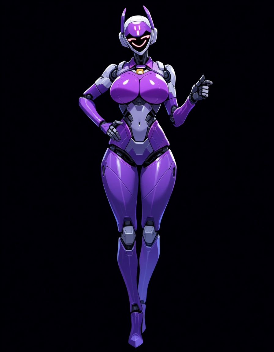 hentai_studio_quality, sexy female robot, full body visible from head to feet, black background, bright smiley display on the face