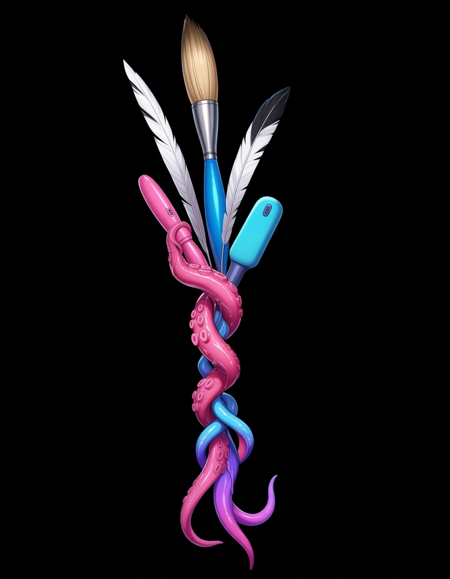 hentai_studio_quality, different vibrators, feathers, tentacles, brushes and other toys, black background, no humans