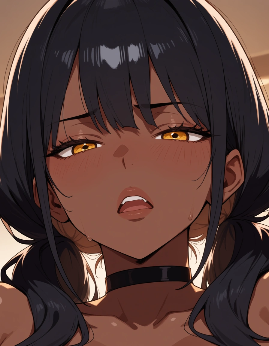 hentai_studio_quality, chocolate brown skin, female, black hair, twintails, 21 years old, closeup shot of the head, expression of light arousal
