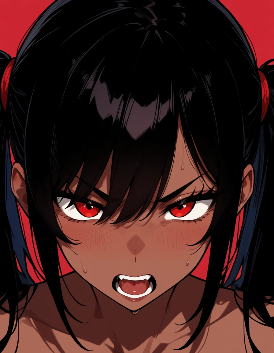 hentai_studio_quality, chocolate brown skin, female, black hair, twintails, 21 years old, closeup shot of the head, expression of intense arousal