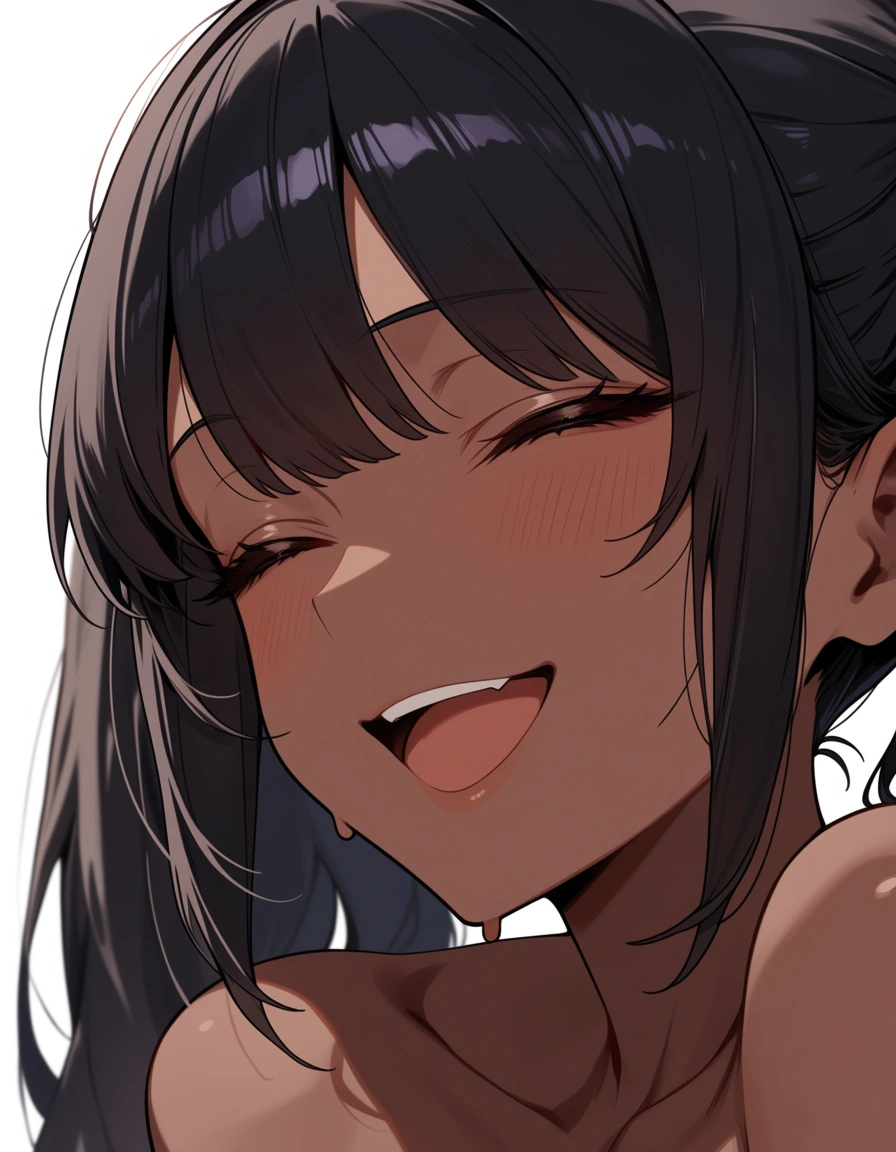 hentai_studio_quality, chocolate brown skin, female, black hair, twintails, 21 years old, closeup shot of the head, expression of soft laughter