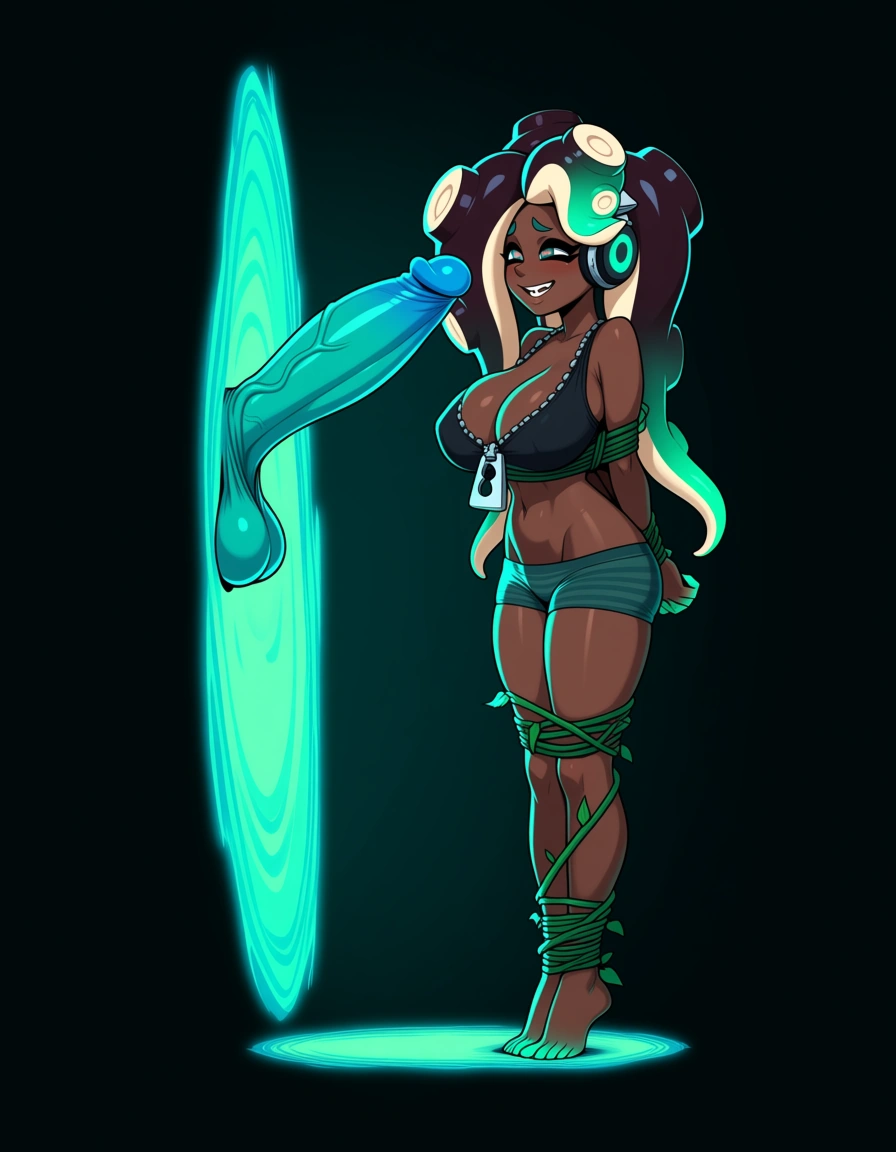 hentai_studio_quality, @marina_(splatoon) wearing only underpants, dark forest setting, huge breasts, hands and feet tied by vines, a huge erect cock with large full balls comes out of a portal and points straight at her face