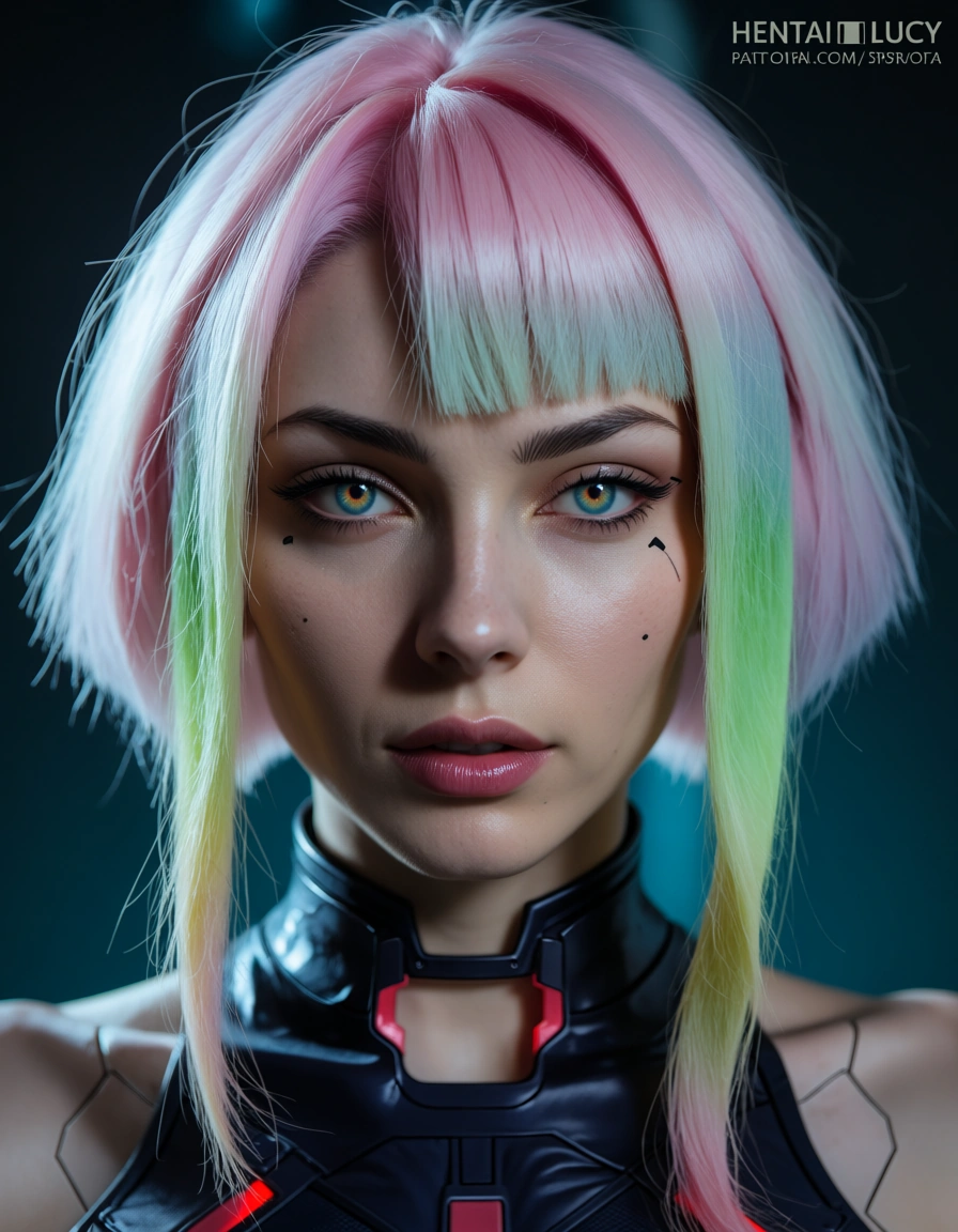 Hentai Lucy cyberpunk, score_9, score_8, candid photo, realistic skin texture, visible skin pores, film grain, depth of field