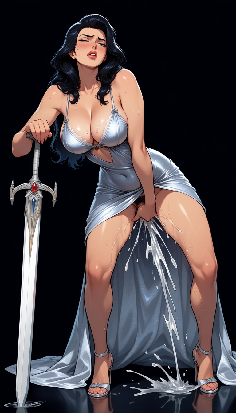 a fantasy warior woman in a silver satin neglige masturbates and squirts. Her sword is beside her. The video should be in the art style of 80s fantasy art like Conan the barbarian.