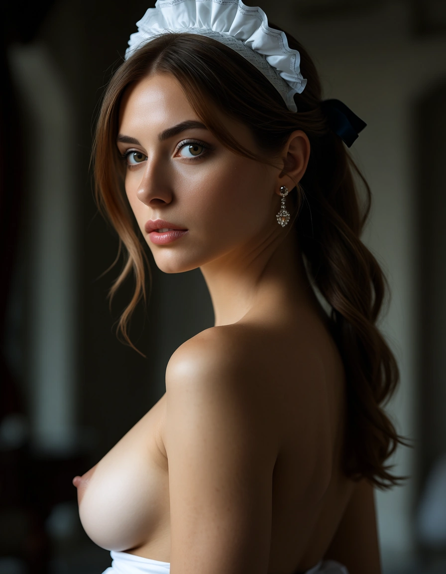 ultra HD, lifelike, maid, hair ribbon, earrings, topless, backlit, hyperrealistic, score_9, score_8, candid photo, realistic skin texture, visible skin pores, film grain, depth of field
