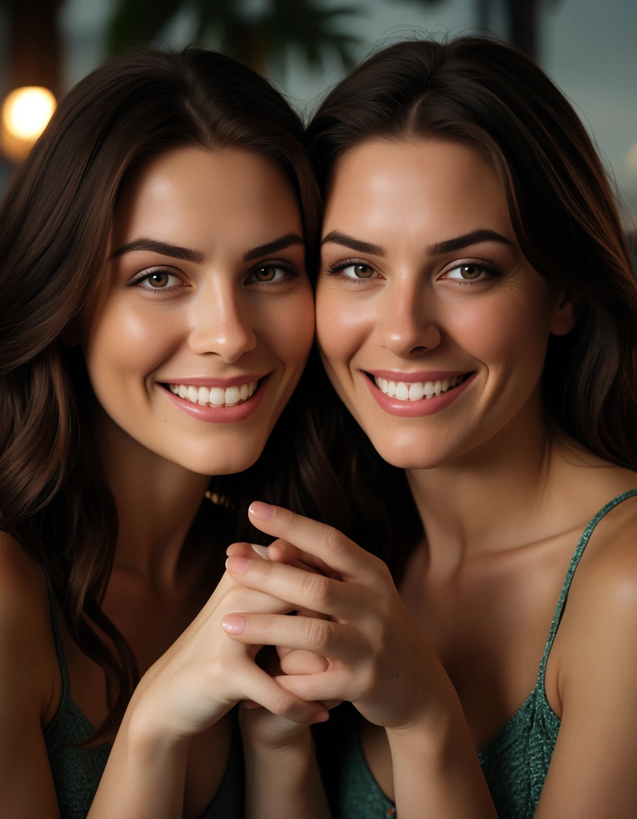 ultra HD, lifelike, couple, presenting, hands up, blurry background, teasing grin, cinematic realism, score_9, score_8, candid photo, realistic skin texture, visible skin pores, film grain, depth of field