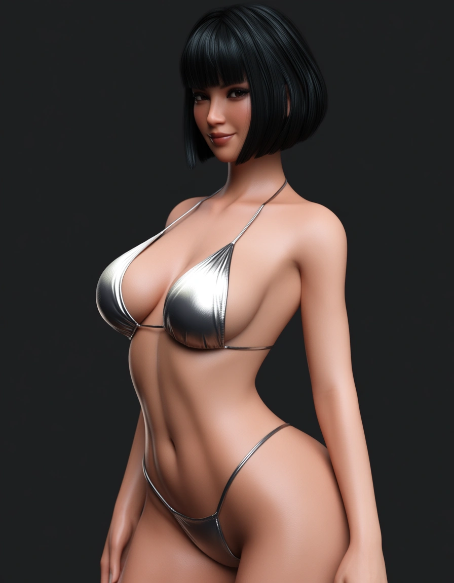 sexy black hair, bob cut, medium_breasts, silver thong bikini, smile,, score_9, score_8, 3d render, octane render, subsurface scattering, ray tracing, smooth shading