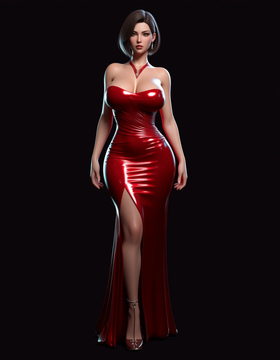 sexy, brunette, short hair, shiny red dress, score_9, score_8, 3d render, octane render, subsurface scattering, ray tracing, smooth shading