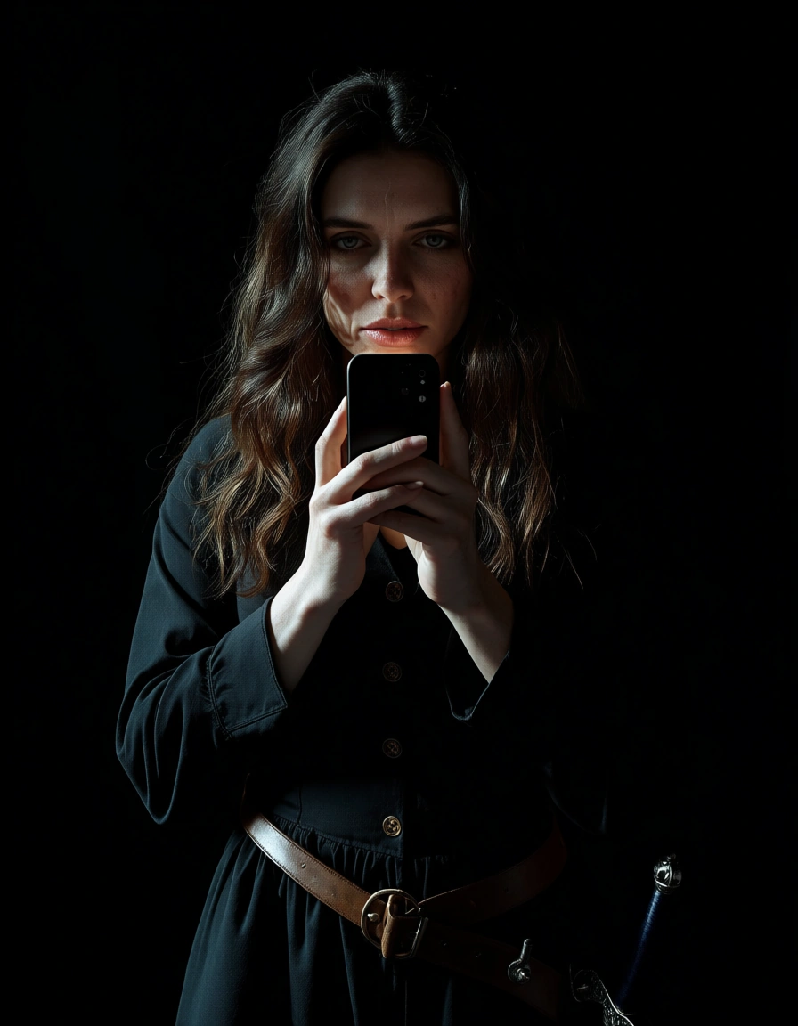 highly detailed, natural lighting, witch, buttons, weapon, bondage, black background, moonlight, lifelike render, score_9, score_8, amateur photo, phone snapshot, realistic skin texture, skin blemishes, soft indoor lighting
