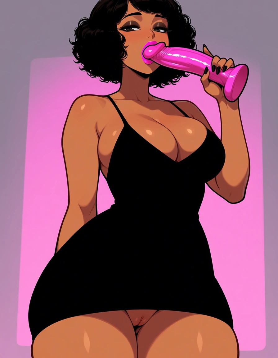Cute light brown skin Latina with short curly black hair, thick_thighs, medium_breasts, black Body con dress, and hot_pink lipstick, sucking dildo on floor, show pussy, show cleavage, thin top, thick lower body, diives art style, hentai_studio_quality, hentai_studio_quality, hentai_studio_quality, hentai_studio_quality, hentai_studio_quality, hentai_studio_quality, hentai_studio_quality, hentai_studio_quality, hentai_studio_quality, hentai_studio_quality, hentai_studio_quality