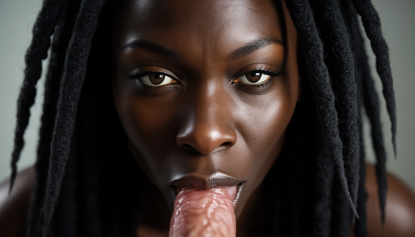 45 years old black woman sucking cock, close up of her face