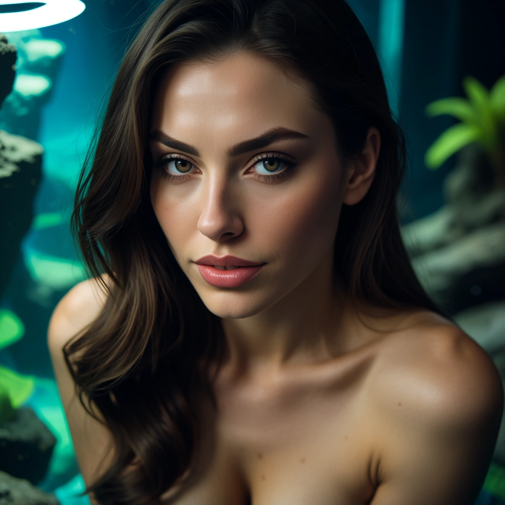 woman,  Naked ,in an aquarium. sexy, seductive_smile .