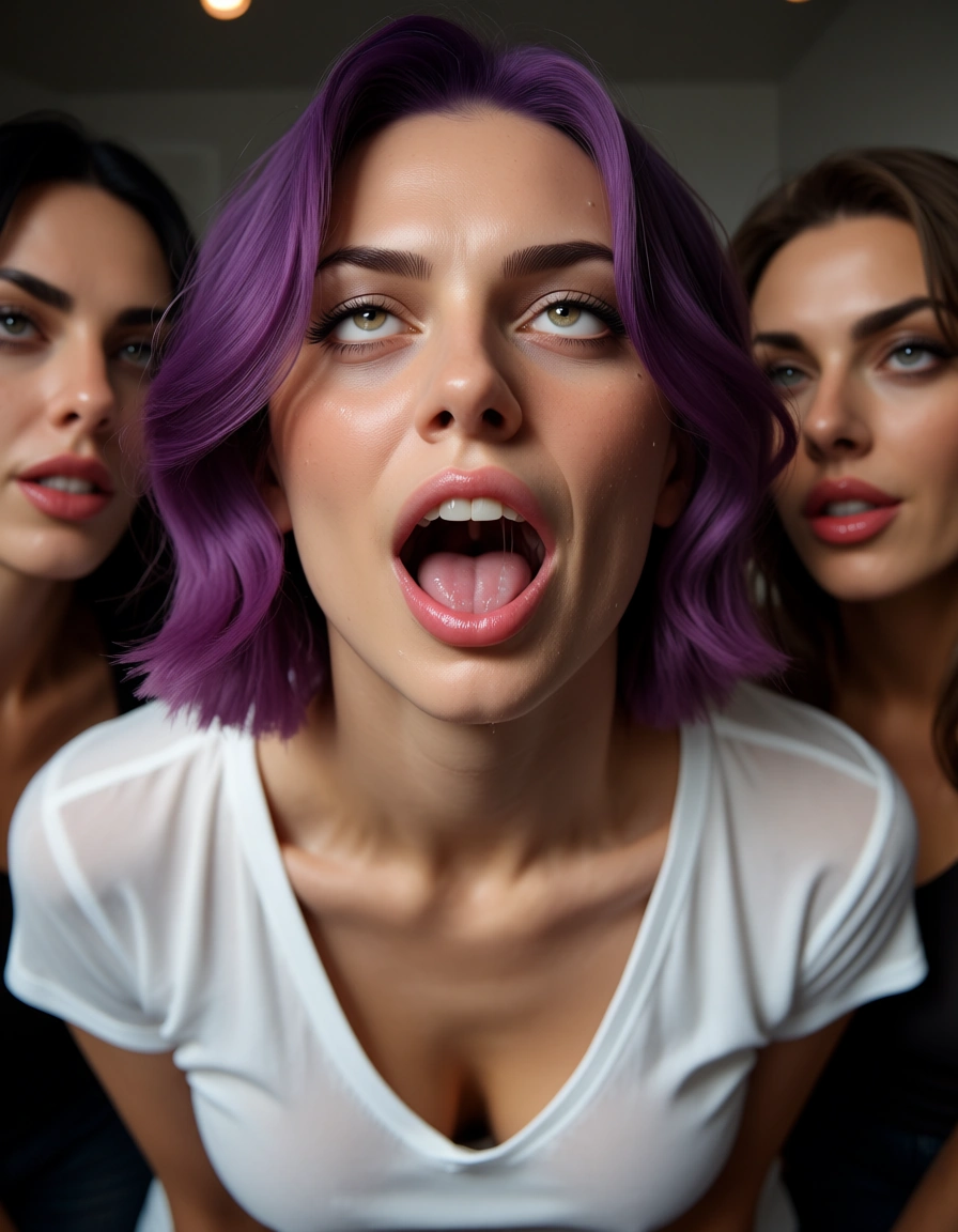 best quality, hyperrealistic, 4women, purple hair, white shirt, ahegao, RAW photo, score_9, score_8, candid photo, realistic skin texture, visible skin pores, film grain, depth of field