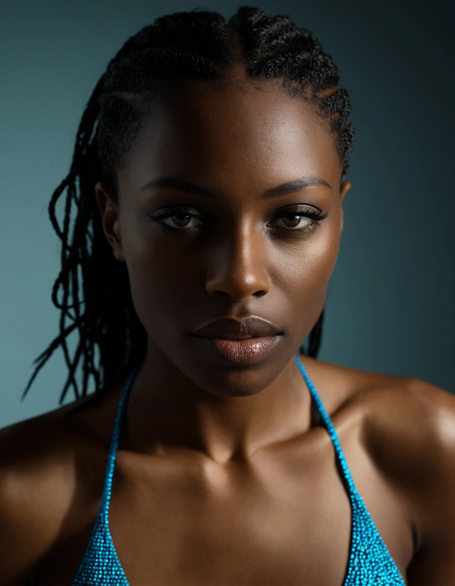 best quality, hyperrealistic, 1other, dark-skinned female, swimsuit, bondage, gradient background, natural skin texture, score_9, score_8, candid photo, realistic skin texture, visible skin pores, film grain, depth of field