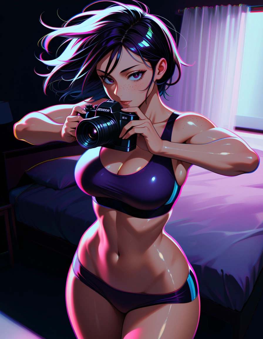 standing, oiled skin, athletic, narrow hips, (soft body: 1.2), very feminine, freckled skin, submissive, pastel colors, tanned skin, (slim: 1.7), /ultra_detailed, holding camera, bedroom eyes, athletic arms, strong shoulders, floating hair, digital illustration aesthetic, in the style of Katsuya Terada, Tatsuyuki Tanaka, chromatic aberration, realistic shading, overexposed lighting, lens distortion, (normal body proportions), sporty appearance, human, hentai_studio_quality
